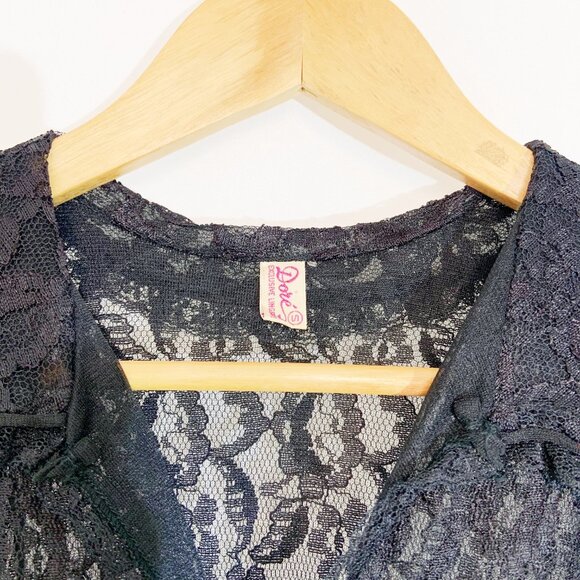 Vintage Black Lace Bed Jacket / Duster Dress by Dore / Made in Canada / Small - Picture 7 of 14